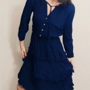 Anthropologie Sunday In Brooklyn Navy Ruffle Dress Embroidered Peasant BOHO